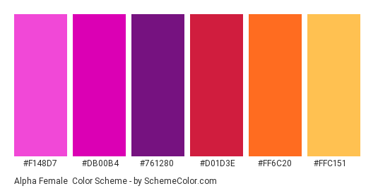 Alpha Female - Color scheme palette thumbnail - #f148d7 #db00b4 #761280 #d01d3e #ff6c20 #ffc151 