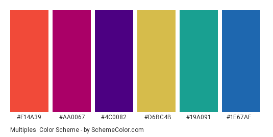 Multiples - Color scheme palette thumbnail - #f14a39 #aa0067 #4c0082 #d6bc4b #19a091 #1e67af 