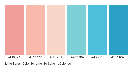 Little Burps - Color scheme palette thumbnail - #f19e9a #fabaab #f8d7c8 #7dd0d6 #4dbfdc #2ca1c6 