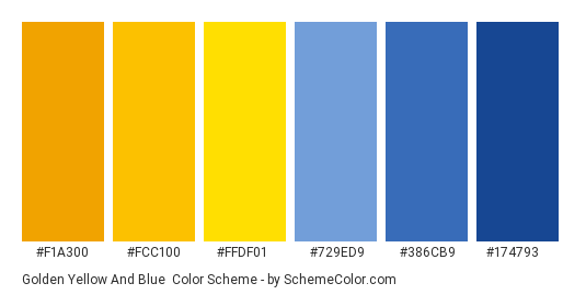 Golden Yellow and Blue - Color scheme palette thumbnail - #f1a300 #fcc100 #ffdf01 #729ed9 #386cb9 #174793 