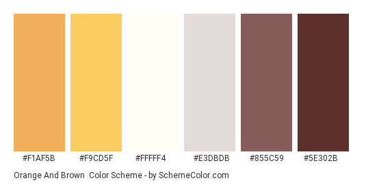 Orange and Brown - Color scheme palette thumbnail - #f1af5b #f9cd5f #fffff4 #e3dbdb #855c59 #5e302b 