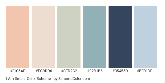 I am Smart - Color scheme palette thumbnail - #f1c5ae #ecddd0 #ced2c2 #92b1b6 #35455d #bfd1df 