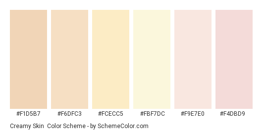 Creamy Skin - Color scheme palette thumbnail - #f1d5b7 #f6dfc3 #fcecc5 #fbf7dc #f9e7e0 #f4dbd9 