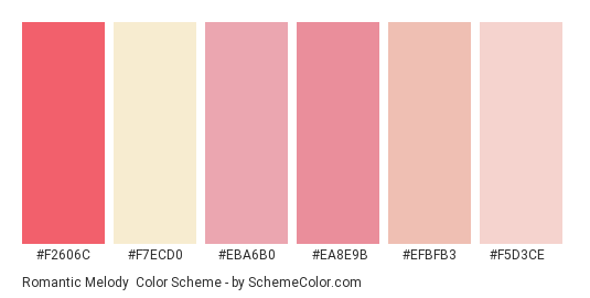 Romantic Melody - Color scheme palette thumbnail - #f2606c #f7ecd0 #eba6b0 #ea8e9b #efbfb3 #f5d3ce 