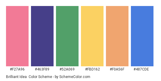 Brilliant Idea - Color scheme palette thumbnail - #f27a96 #463f89 #52a069 #fbd162 #f0a56f #487cde 
