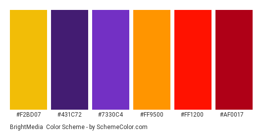 BrightMedia - Color scheme palette thumbnail - #f2bd07 #431c72 #7330c4 #ff9500 #ff1200 #af0017 