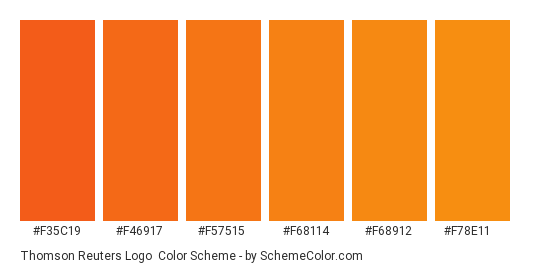Thomson Reuters Logo - Color scheme palette thumbnail - #f35c19 #f46917 #f57515 #f68114 #f68912 #f78e11 