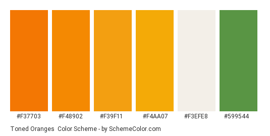 Toned Oranges - Color scheme palette thumbnail - #f37703 #f48902 #f39f11 #f4aa07 #f3efe8 #599544 