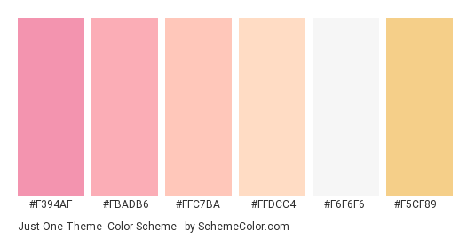 Just One Theme - Color scheme palette thumbnail - #f394af #fbadb6 #ffc7ba #ffdcc4 #f6f6f6 #f5cf89 