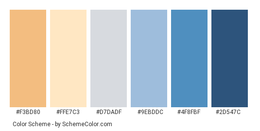 Boating Alone - Color scheme palette thumbnail - #f3bd80 #ffe7c3 #d7dadf #9ebddc #4f8fbf #2d547c 