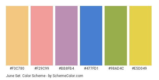 June Set - Color scheme palette thumbnail - #f3c780 #f29c99 #bb8fb4 #477fd1 #98ad4c #e5d049 