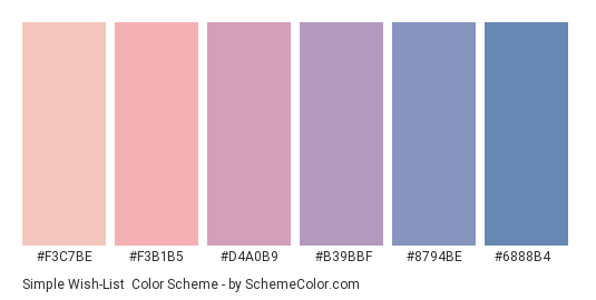 Simple Wish-List - Color scheme palette thumbnail - #f3c7be #f3b1b5 #d4a0b9 #b39bbf #8794be #6888b4 