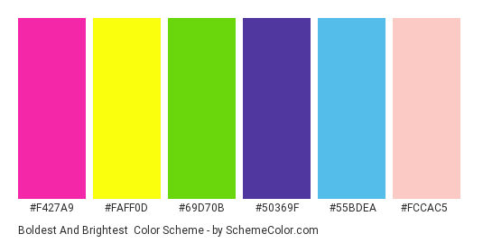 Boldest and Brightest - Color scheme palette thumbnail - #f427a9 #faff0d #69d70b #50369f #55bdea #fccac5 