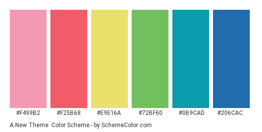 A New Theme - Color scheme palette thumbnail - #f499b2 #f25b68 #e9e16a #72bf60 #0b9cad #206cac 