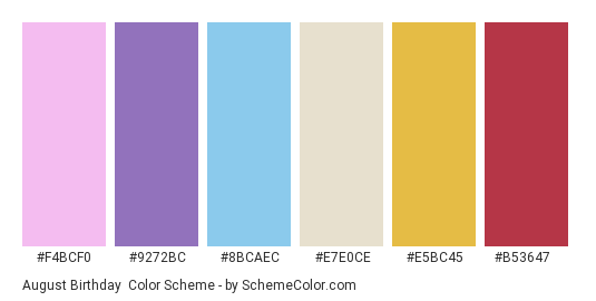 August Birthday - Color scheme palette thumbnail - #f4bcf0 #9272bc #8bcaec #e7e0ce #e5bc45 #b53647 