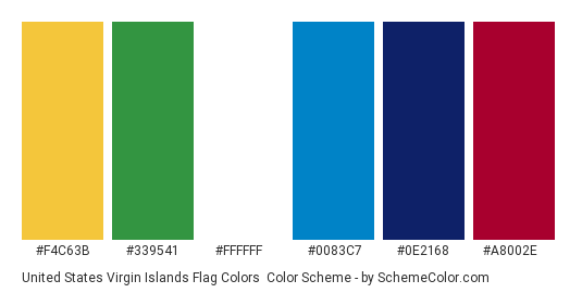 United States Virgin Islands Flag Colors - Color scheme palette thumbnail - #f4c63b #339541 #ffffff #0083c7 #0e2168 #a8002e 