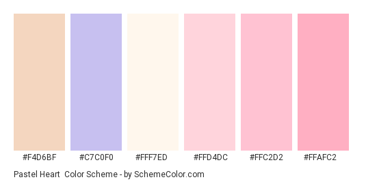 Pastel Heart - Color scheme palette thumbnail - #f4d6bf #c7c0f0 #fff7ed #FFD4DC #FFC2D2 #FFAFC2 