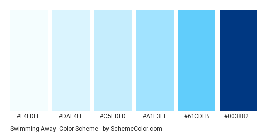 Swimming Away - Color scheme palette thumbnail - #f4fdfe #daf4fe #c5edfd #a1e3ff #61cdfb #003882 