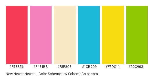 New Newer Newest - Color scheme palette thumbnail - #f53b56 #f481bb #f8e8c3 #1cb9d9 #f7dc11 #90c903 