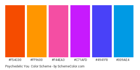 Psychedelic You - Color scheme palette thumbnail - #f54c00 #ff9600 #f44ea3 #c71afd #4941f8 #009ae4 