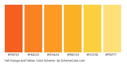 Fall Orange and Yellow - Color scheme palette thumbnail - #f55f20 #fa8223 #fd9a24 #fbb124 #fccf3e #ffdf77 