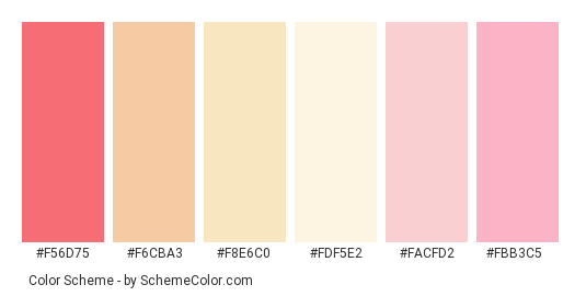 Bridal Bouquet - Color scheme palette thumbnail - #f56d75 #f6cba3 #f8e6c0 #fdf5e2 #facfd2 #fbb3c5 