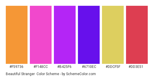 Beautiful Stranger - Color scheme palette thumbnail - #f59736 #f148cc #b425f6 #6710ec #ddcf5f #dd3e51 