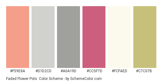 Faded Flower Pots - Color scheme palette thumbnail - #f59e8a #d1d2cd #a0a19d #cc5f7d #fcfaed #c7c07b 
