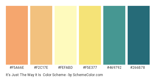 It’s Just The Way It Is - Color scheme palette thumbnail - #f5a66e #f2c17e #fefabd #f5e377 #469792 #266b78 