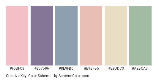 Creative Key - Color scheme palette thumbnail - #f5bfc8 #857596 #8e9fb0 #e9bfb5 #e9ddc3 #a2bca3 