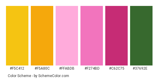 Anemone Japanese flower - Color scheme palette thumbnail - #f5c412 #f5a80c #ffabdb #f274bd #c62c75 #37692e 