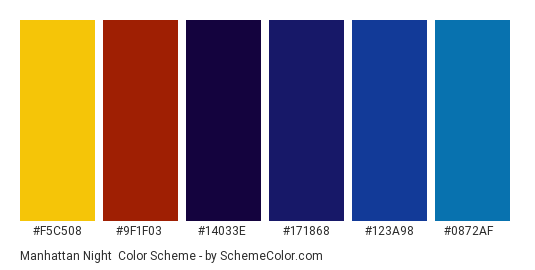 Manhattan Night - Color scheme palette thumbnail - #f5c508 #9f1f03 #14033e #171868 #123a98 #0872af 