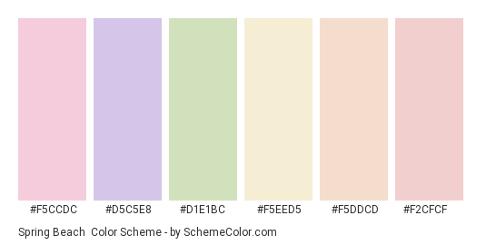 Spring Beach - Color scheme palette thumbnail - #f5ccdc #d5c5e8 #d1e1bc #f5eed5 #f5ddcd #f2cfcf 