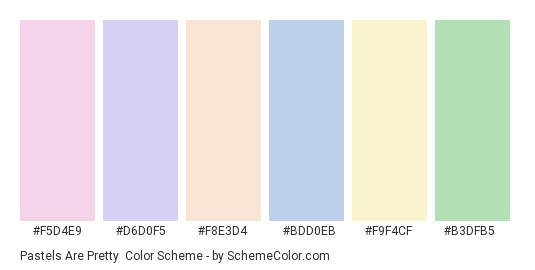 Pastels are Pretty - Color scheme palette thumbnail - #f5d4e9 #d6d0f5 #f8e3d4 #bdd0eb #f9f4cf #b3dfb5 