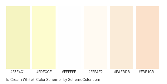 Is Cream White? - Color scheme palette thumbnail - #f5f4c1 #fdfcce #fefefe #fffaf2 #faebd8 #fbe1cb 