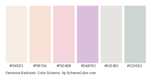 Feminine Bedroom - Color scheme palette thumbnail - #f6eee3 #f8e1d6 #f5d4db #dabfdc #e6e4e0 #ccd5d2 