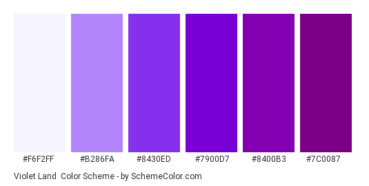 Violet Land - Color scheme palette thumbnail - #f6f2ff #b286fa #8430ed #7900d7 #8400b3 #7c0087 
