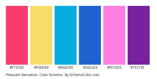 Pleasant Sensation - Color scheme palette thumbnail - #f73c6e #f5dd68 #06acde #2062d2 #fd7ee0 #79219e 