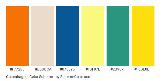 Copenhagen - Color scheme palette thumbnail - #f77206 #ebdbca #075895 #fbf87e #2b967f #fede0e 