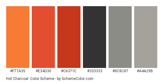 Hot Charcoal - Color scheme palette thumbnail - #f77a35 #e34d30 #c6371c #333333 #8c8c87 #a4a29b 