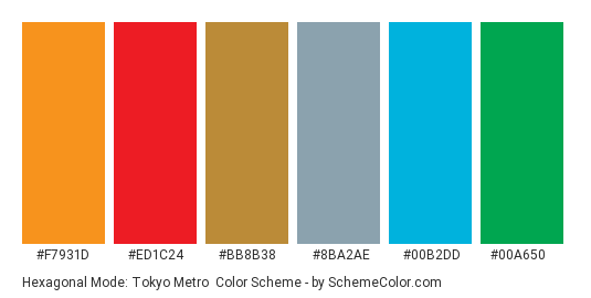 Hexagonal Mode: Tokyo Metro - Color scheme palette thumbnail - #f7931d #ed1c24 #bb8b38 #8ba2ae #00b2dd #00a650 