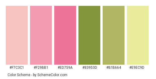 Erica Inflorescence - Color scheme palette thumbnail - #f7c3c1 #f29bb1 #ed759a #83953d #b1b664 #e9ec9d 