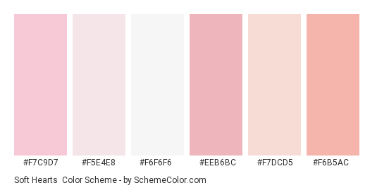 Soft Hearts - Color scheme palette thumbnail - #f7c9d7 #f5e4e8 #f6f6f6 #eeb6bc #f7dcd5 #f6b5ac 