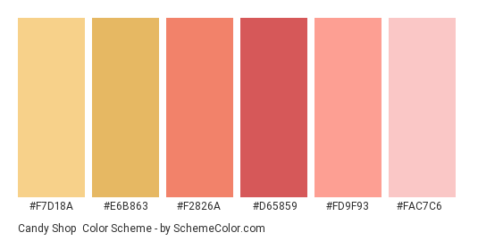Candy Shop - Color scheme palette thumbnail - #f7d18a #e6b863 #f2826a #d65859 #fd9f93 #fac7c6 