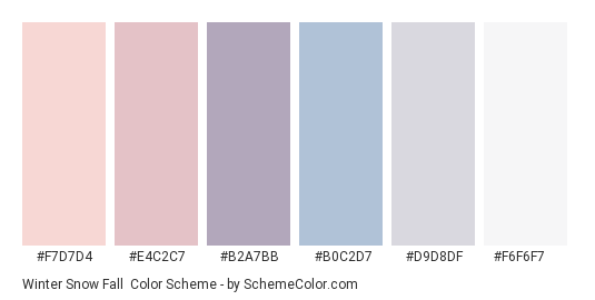 Winter Snow Fall - Color scheme palette thumbnail - #f7d7d4 #e4c2c7 #b2a7bb #b0c2d7 #d9d8df #f6f6f7 