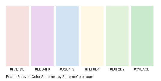 Peace Forever - Color scheme palette thumbnail - #f7e1de #ebd4f0 #d2e4f3 #fef8e4 #e0f2d9 #c9eacd 
