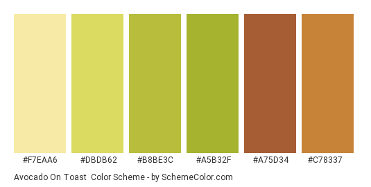 Avocado on Toast - Color scheme palette thumbnail - #f7eaa6 #dbdb62 #b8be3c #a5b32f #a75d34 #c78337 