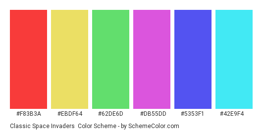 Classic Space Invaders - Color scheme palette thumbnail - #f83b3a #ebdf64 #62de6d #db55dd #5353f1 #42e9f4 
