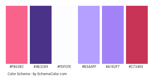 Energy Ball - Color scheme palette thumbnail - #f8638c #4b3289 #fdfcfe #b5a0ff #a182f7 #c73455 