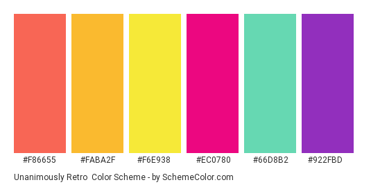 Unanimously Retro - Color scheme palette thumbnail - #f86655 #faba2f #f6e938 #ec0780 #66d8b2 #922fbd 